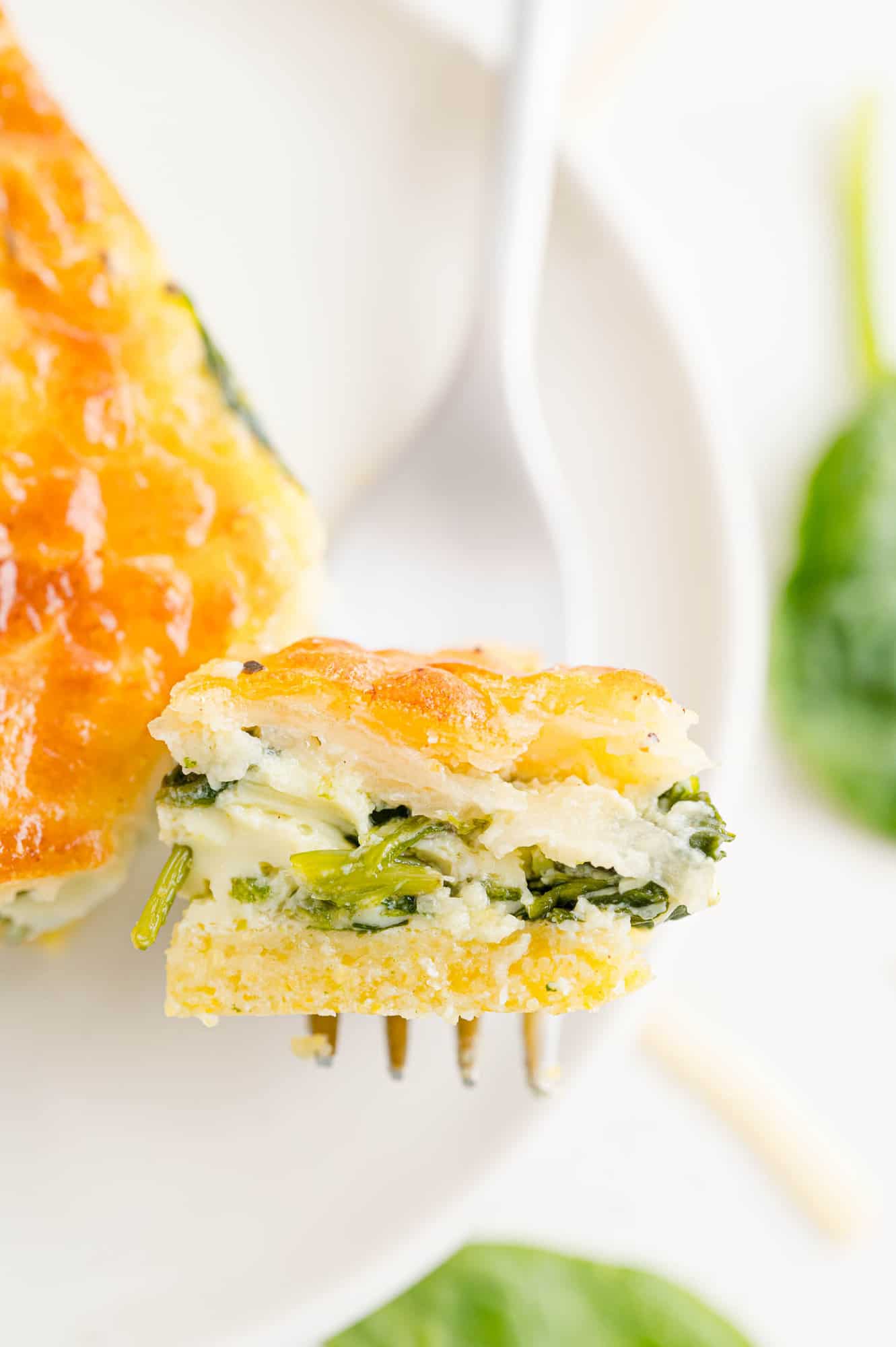 Spinach-Quiche-with-cornmeal-crust-2 Quiche on a fork.