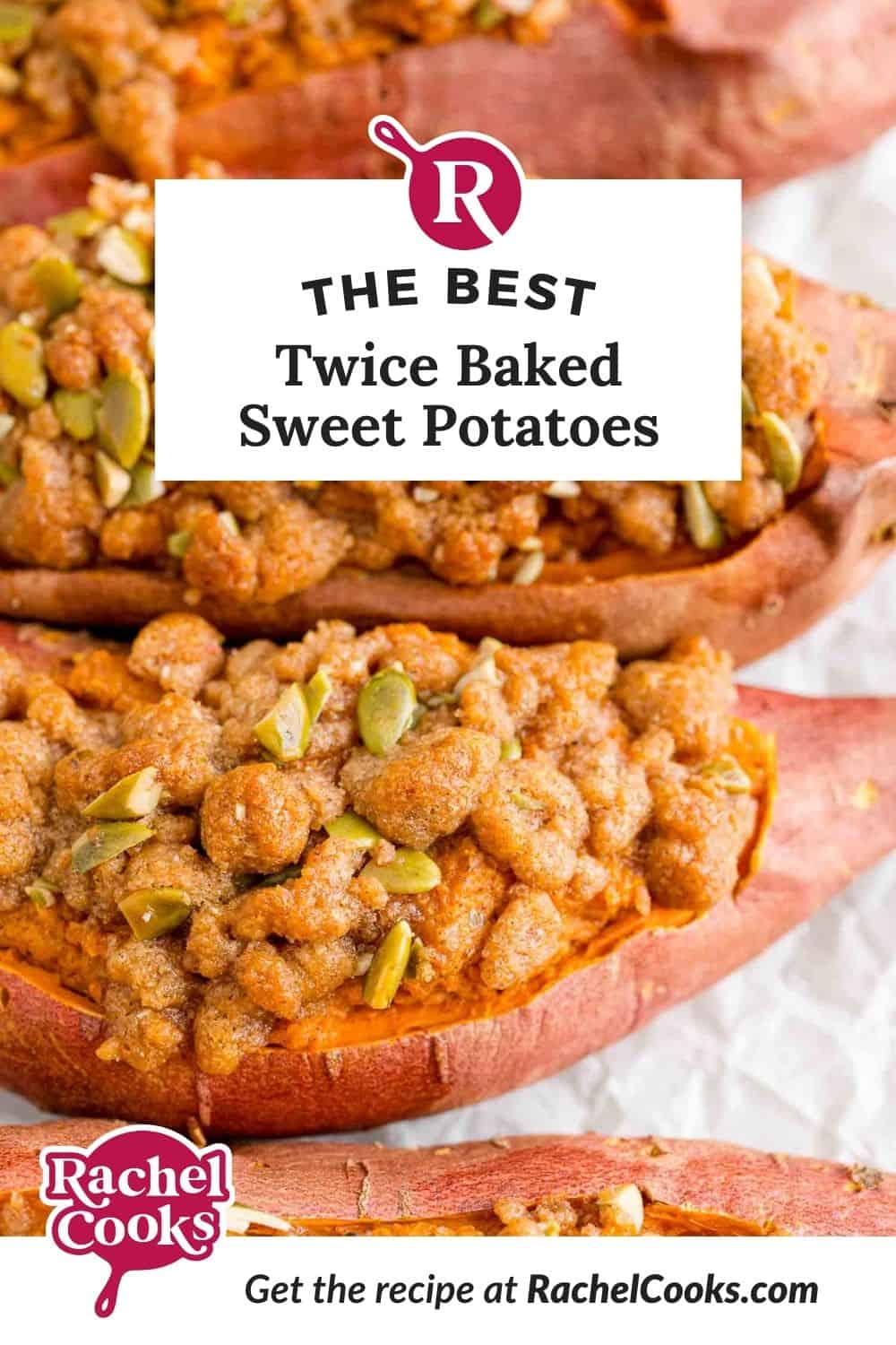Twice baked sweet potatoes Pinterest graphic with text and photos.