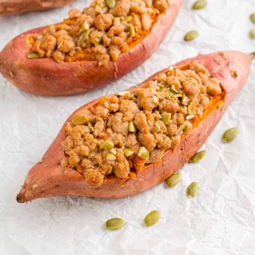 Twice baked sweet potatoes with streusel topping.