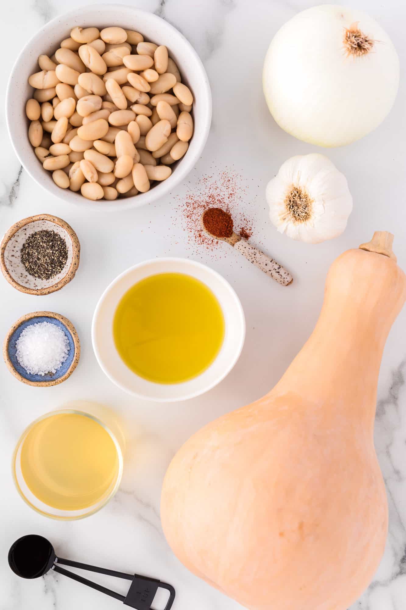 Ingredients needed for recipe, including a butternut squash.