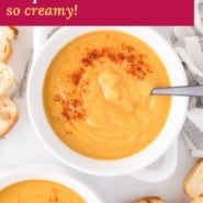 Vegan butternut squash soup Pinterest graphic with text and photos.