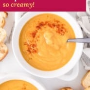 Vegan butternut squash soup Pinterest graphic with text and photos.