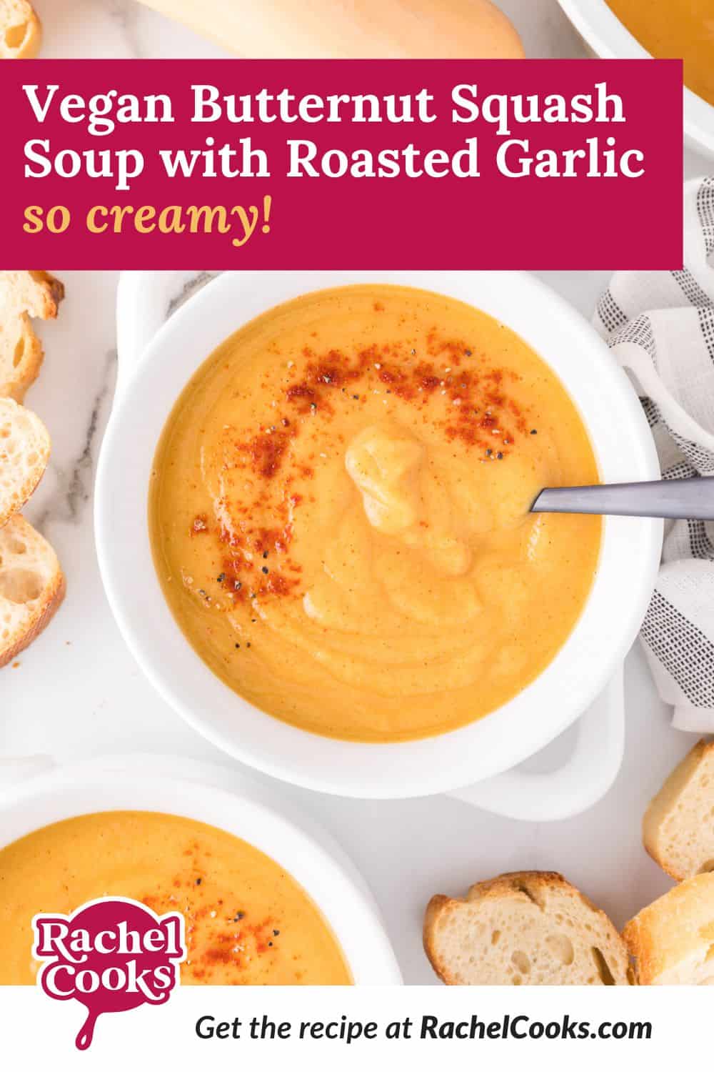 Vegan butternut squash soup Pinterest graphic with text and photos.