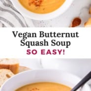 Vegan butternut squash soup Pinterest graphic with text and photos.