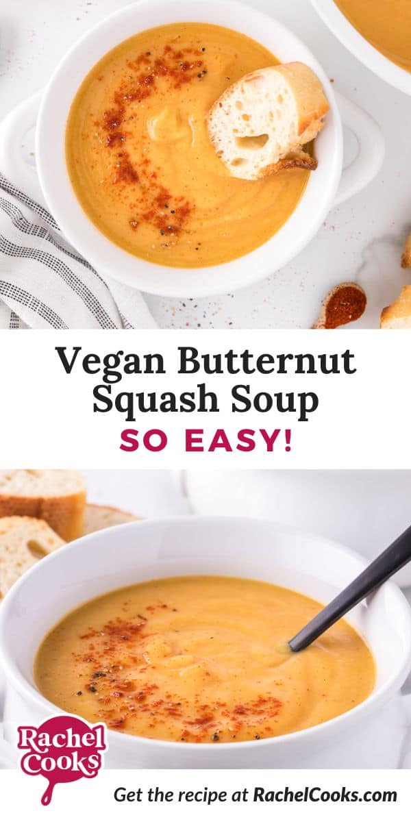Vegan butternut squash soup Pinterest graphic with text and photos.