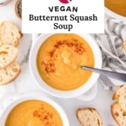 Vegan butternut squash soup Pinterest graphic with text and photos.