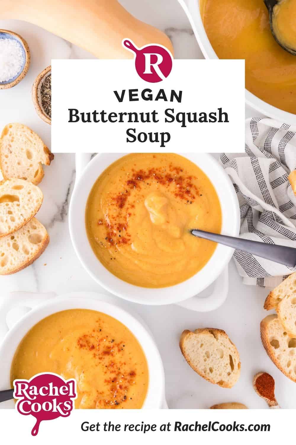 Vegan butternut squash soup Pinterest graphic with text and photos.