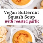 Vegan butternut squash soup Pinterest graphic with text and photos.