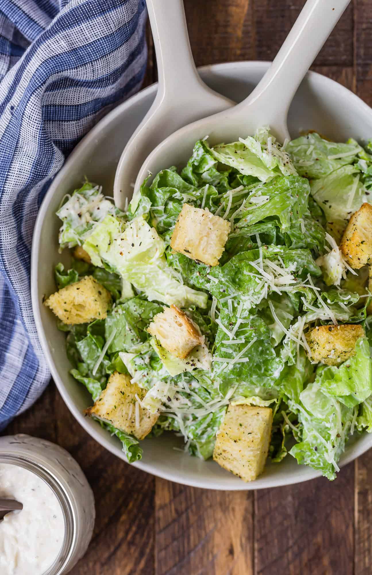 Caesar salad, viewed from above.