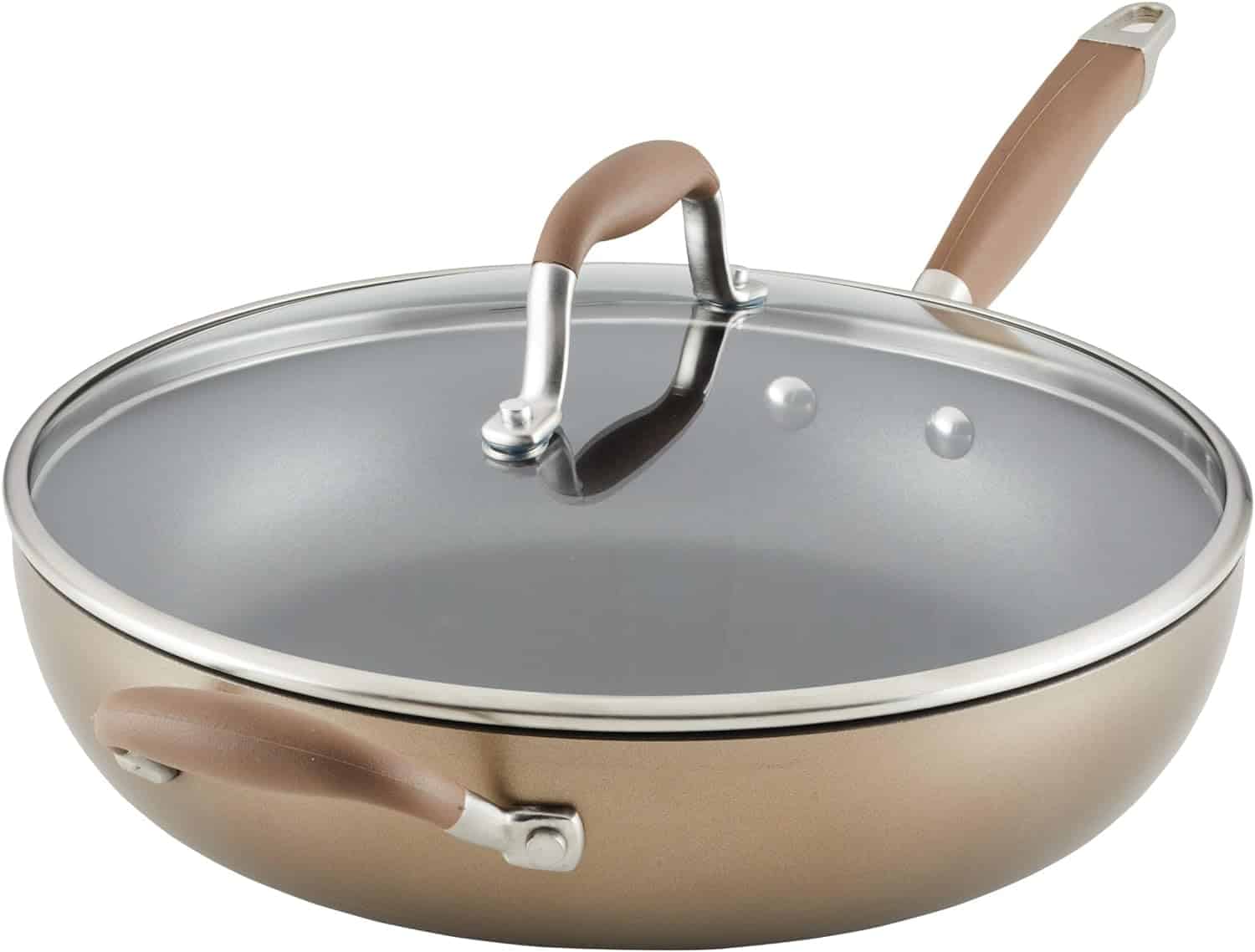 A bronze-colored stir-fry pan with a glass lid, a long handle, and an additional side handle, ideal for preparing Mexican spaghetti.