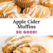 Pinterest graphic for apple cider muffins, with text and images.