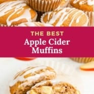 Pinterest graphic for apple cider muffins, with text and images.