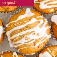 Pinterest graphic for apple cider muffins, with text and images.