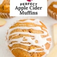 Pinterest graphic for apple cider muffins, with text and images.