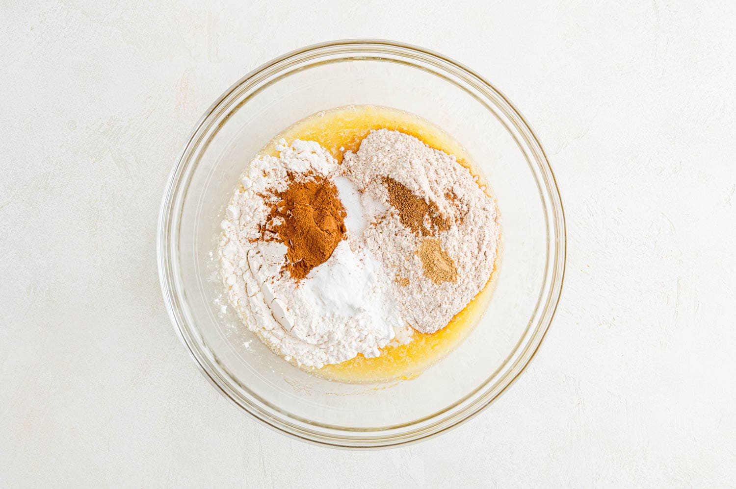 Dry ingredients on top of wet ingredients, not yet added in.