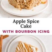 Apple spice cake Pinterest graphic with text and photos.