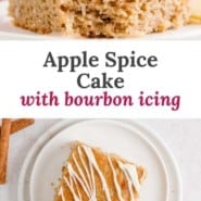Apple spice cake Pinterest graphic with text and photos.