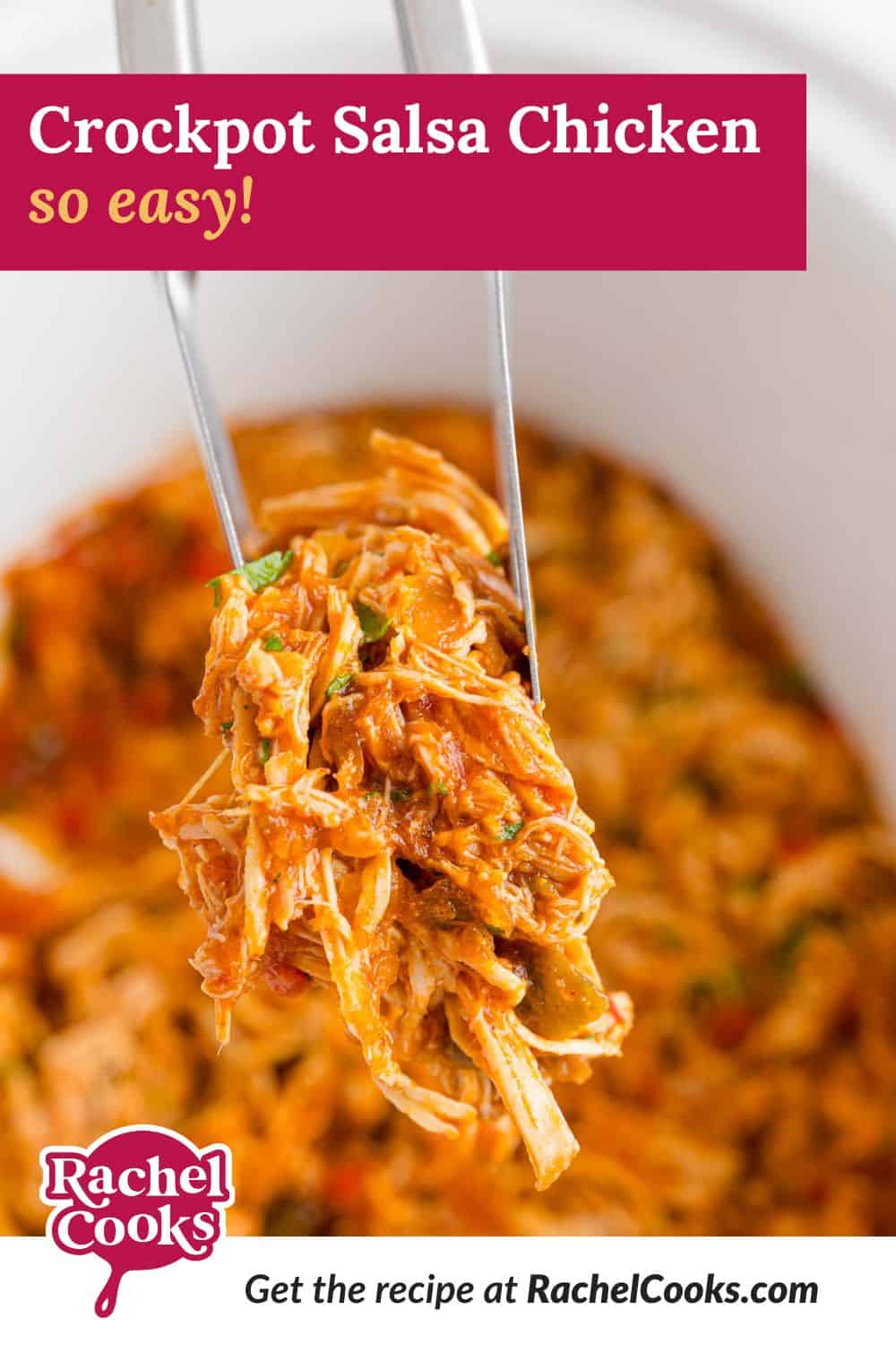 Crockpot Salsa Chicken Pinterest graphic with text and photos.