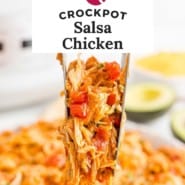 Crockpot Salsa Chicken Pinterest graphic with text and photos.