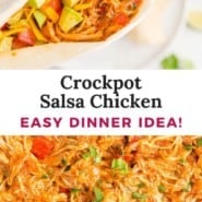 Crockpot Salsa Chicken Pinterest graphic with text and photos.