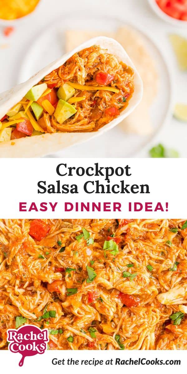 Crockpot Salsa Chicken Pinterest graphic with text and photos.