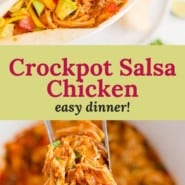 Crockpot Salsa Chicken Pinterest graphic with text and photos.