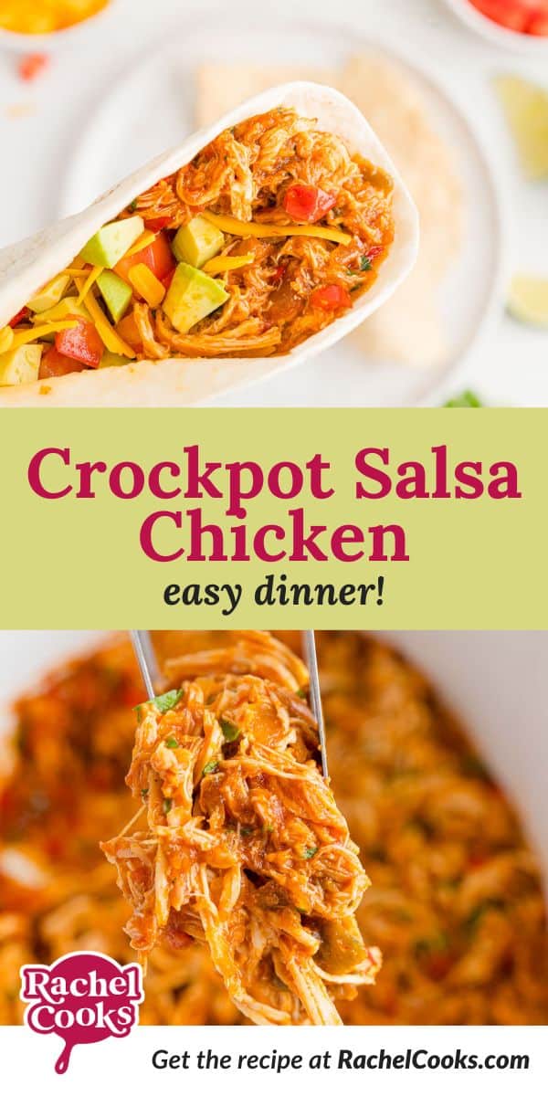 Crockpot Salsa Chicken Pinterest graphic with text and photos.