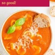 Crockpot tomato soup Pinterest graphic with text and images.