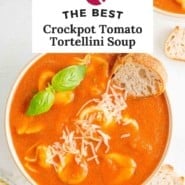 Crockpot tomato soup Pinterest graphic with text and images.