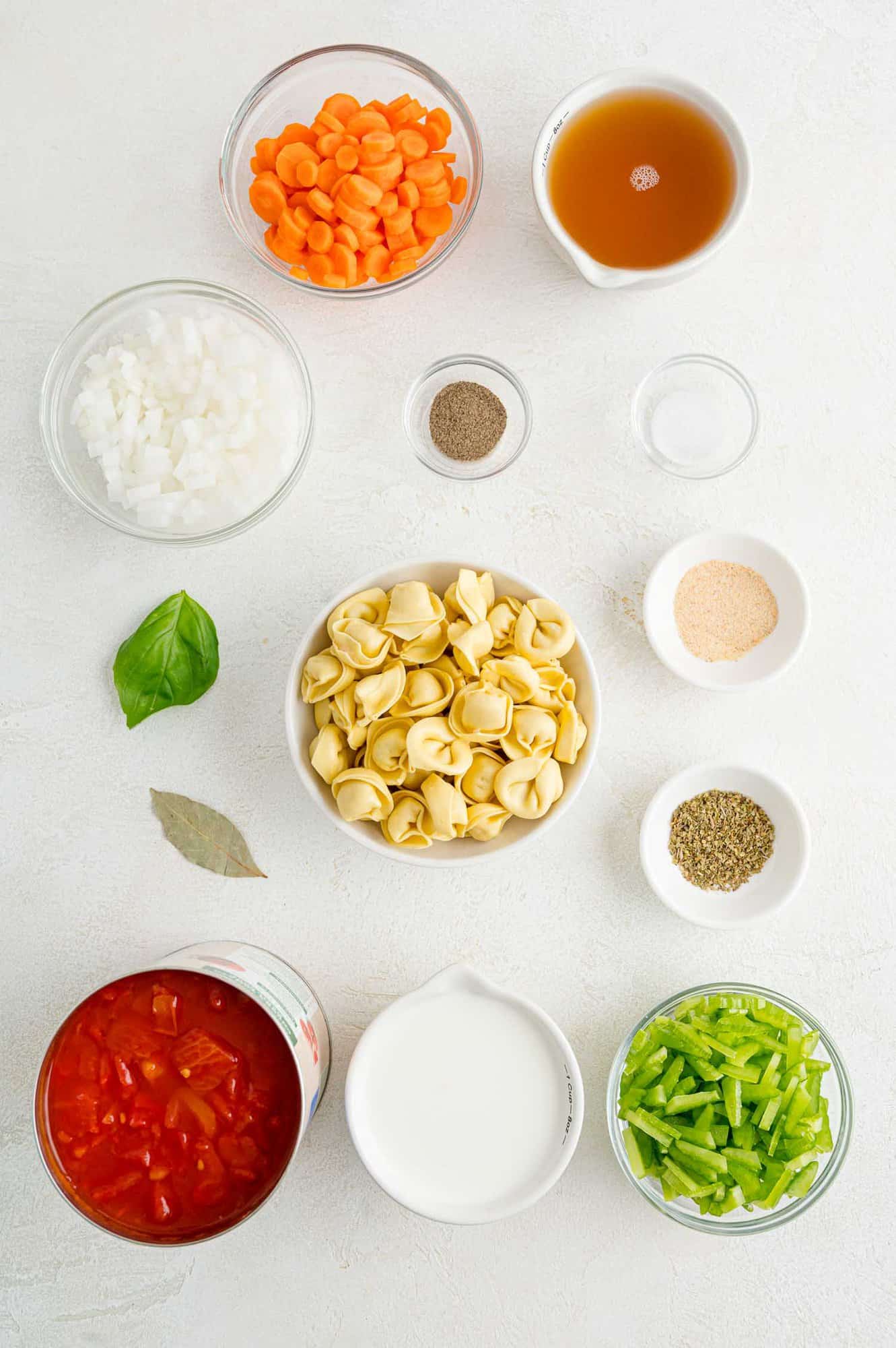 Ingredients needed for recipe including tortellini.