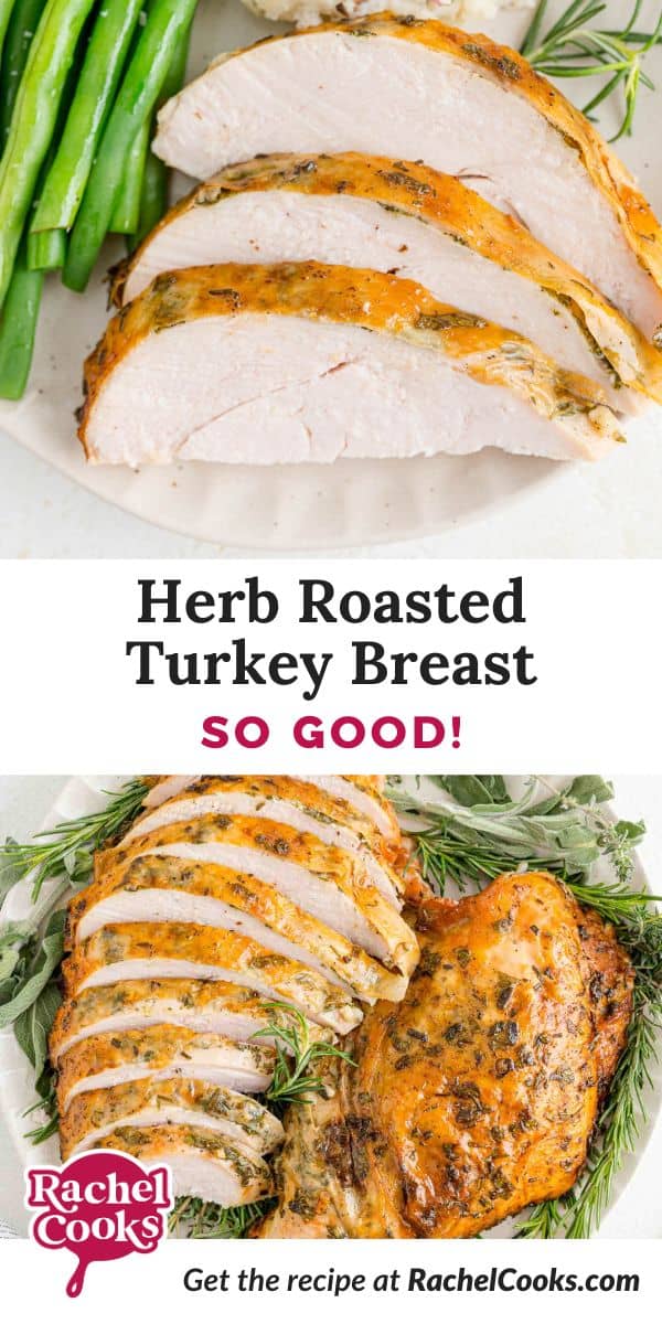 Herb roasted turkey breast Pinterest image with text and photos.
