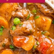 Instant Pot beef stew Pinterest image with text and photos.