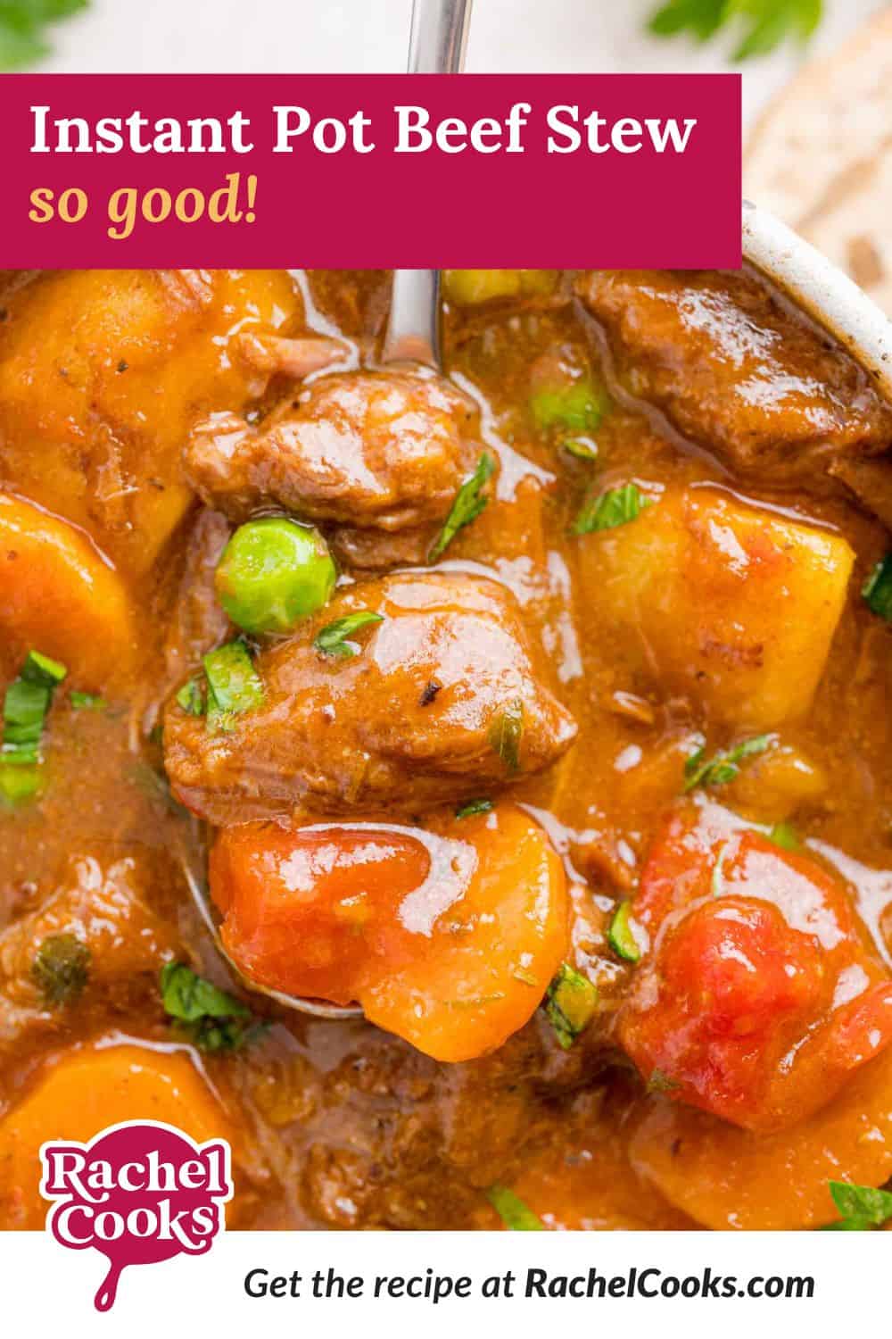 Instant Pot beef stew Pinterest image with text and photos.