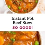 Instant Pot beef stew Pinterest image with text and photos.