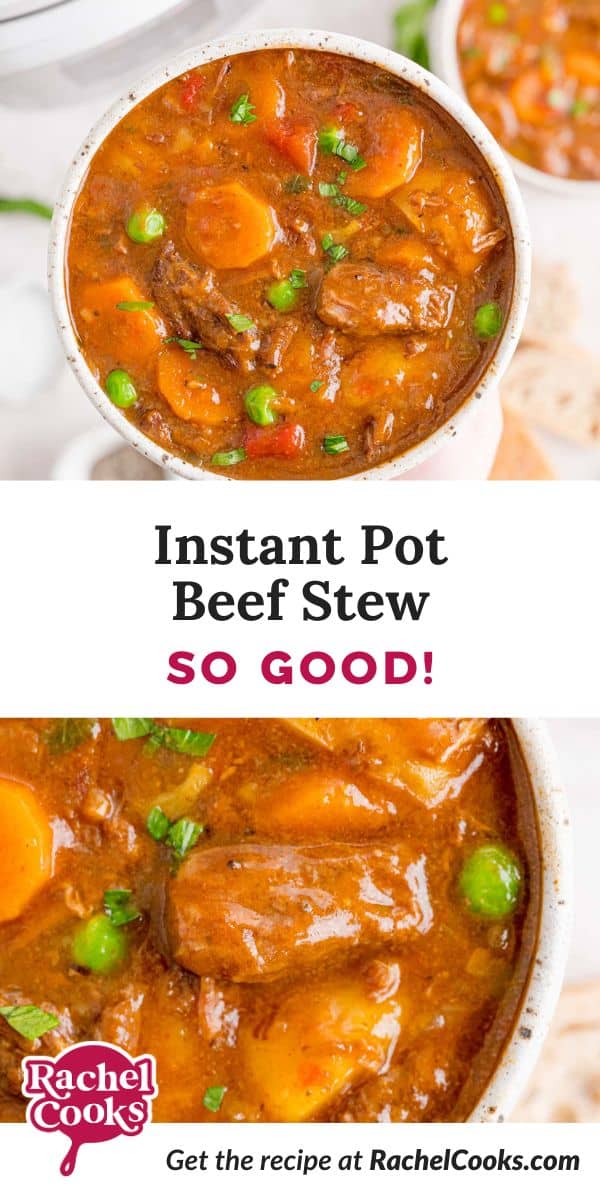 Instant Pot beef stew Pinterest image with text and photos.