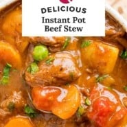 Instant Pot beef stew Pinterest image with text and photos.