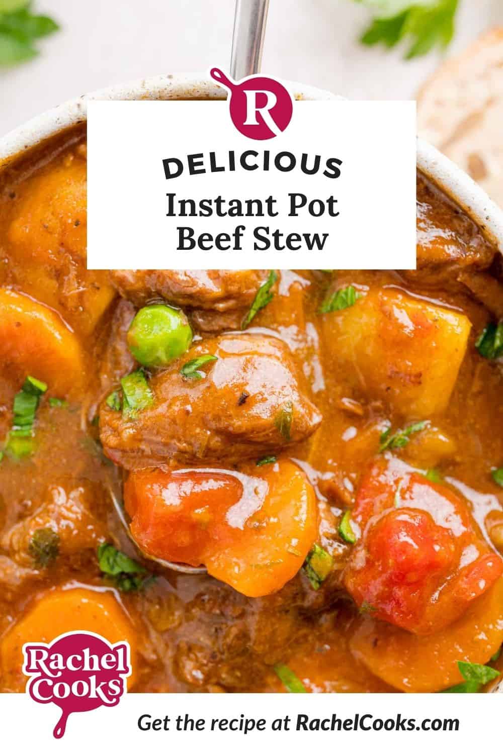 Instant Pot beef stew Pinterest image with text and photos.