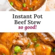 Instant Pot beef stew Pinterest image with text and photos.