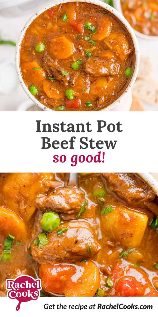 Instant Pot beef stew Pinterest image with text and photos.