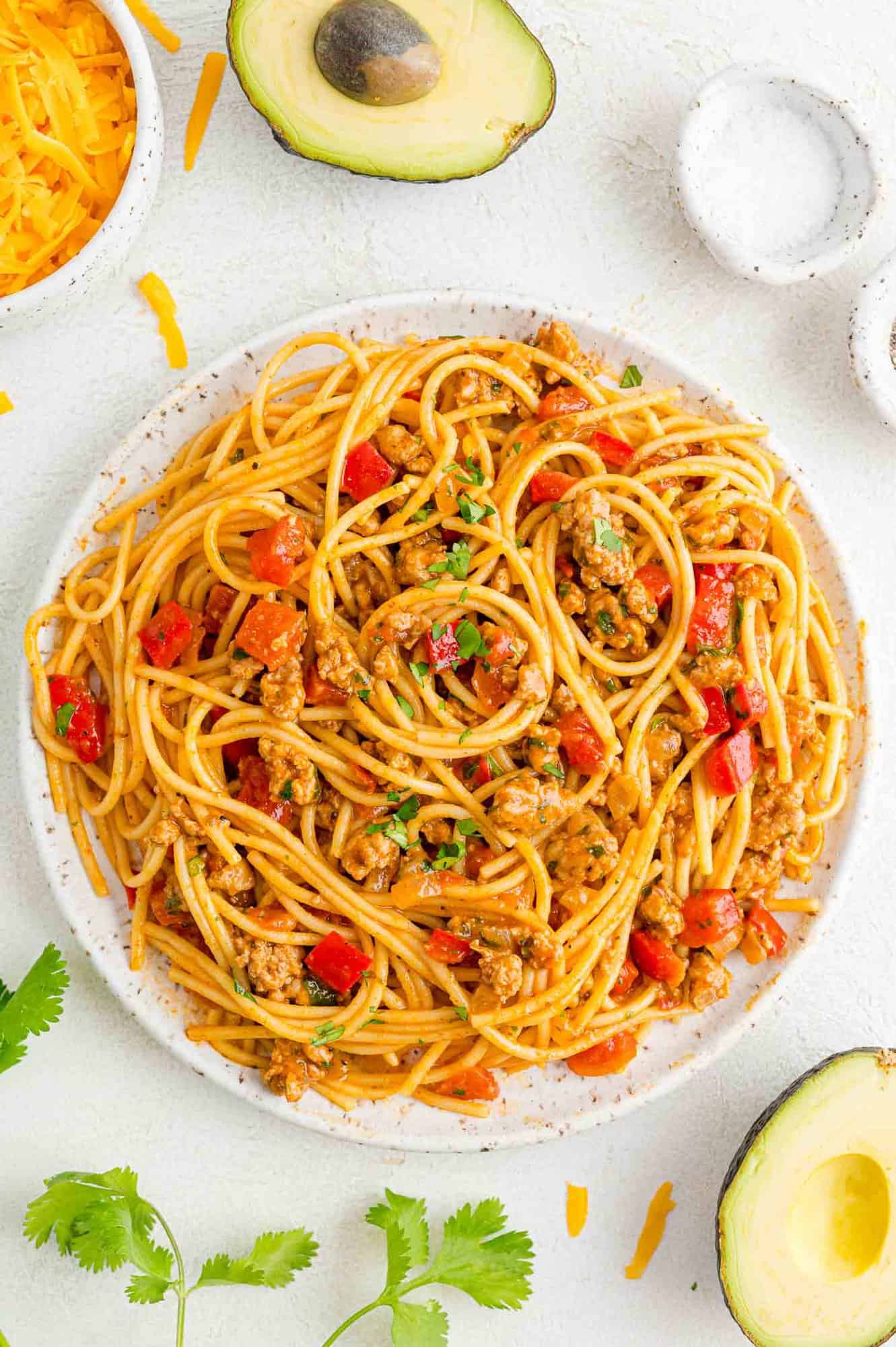 Mexican spaghetti on a large serving platter.
