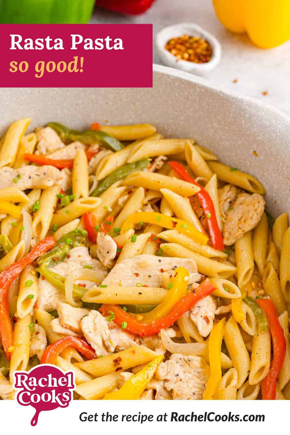 Rasta Pasta Pinterest graphic with text and photos.