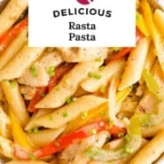 Rasta Pasta Pinterest graphic with text and photos.