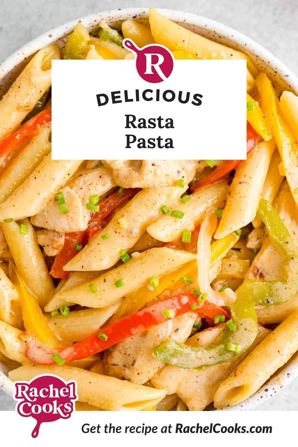 Rasta Pasta Pinterest graphic with text and photos.
