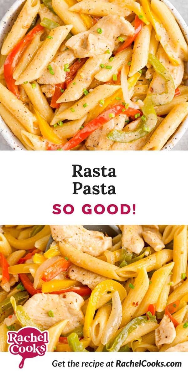 Rasta Pasta Pinterest graphic with text and photos.
