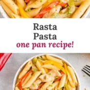 Rasta Pasta Pinterest graphic with text and photos.