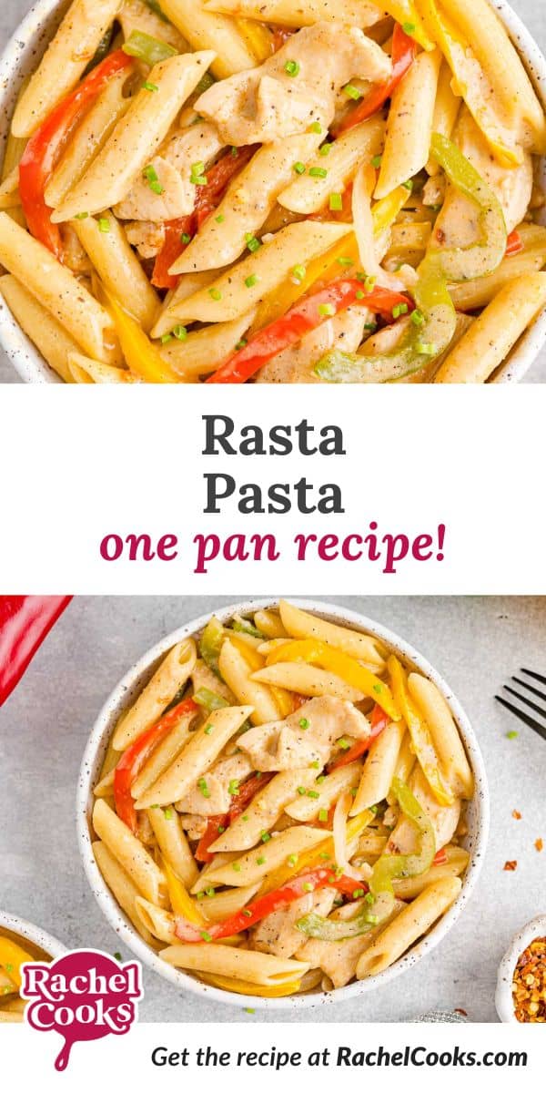Rasta Pasta Pinterest graphic with text and photos.