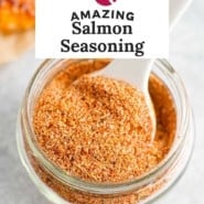 Salmon seasoning Pinterest graphic with text and photos.