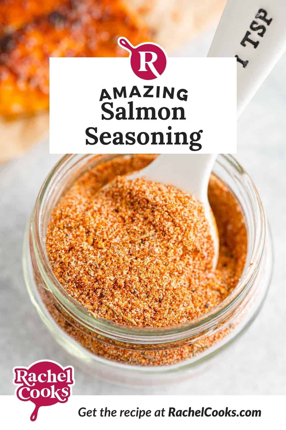 Salmon seasoning Pinterest graphic with text and photos.