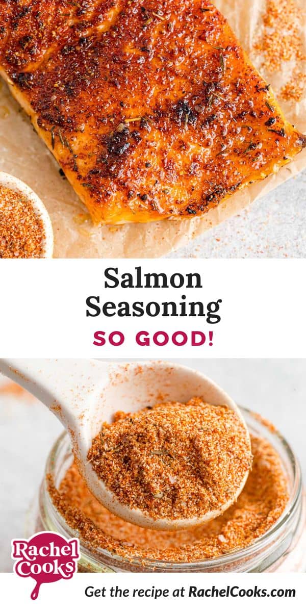 Salmon seasoning Pinterest graphic with text and photos.