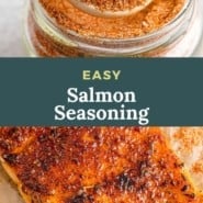 Salmon seasoning Pinterest graphic with text and photos.